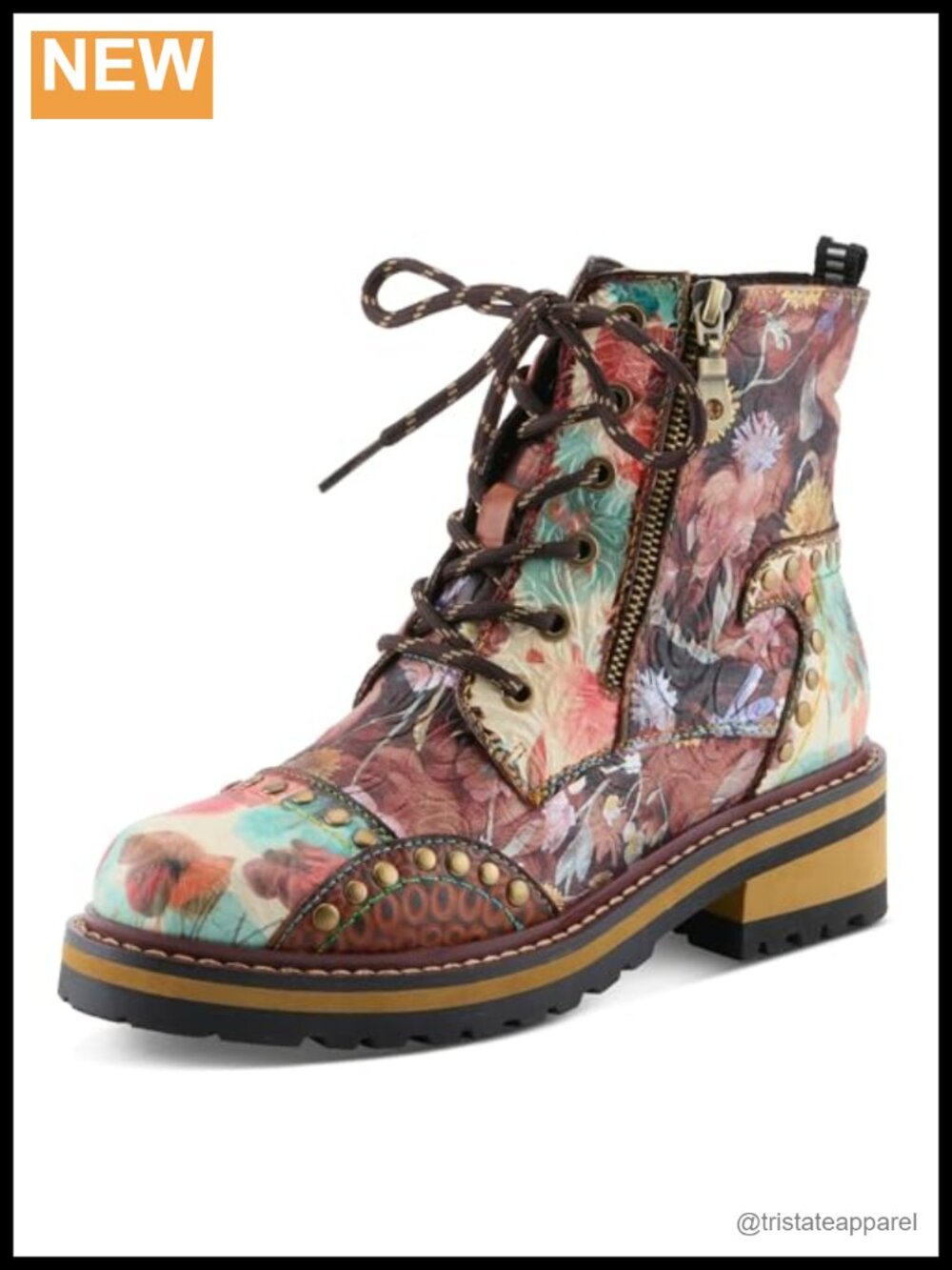 Ankle Bootie Faux Leather Artistic Floral Studded Lug Sole Lace Up Women's Boots